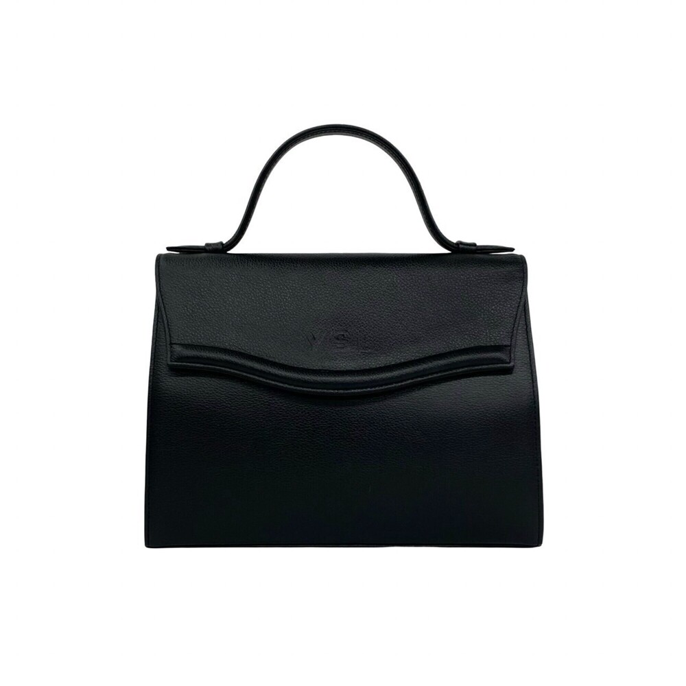 YVES SAINT LAURENT Vintage YSL Logo Leather Handbag Tote Bag Black 32486